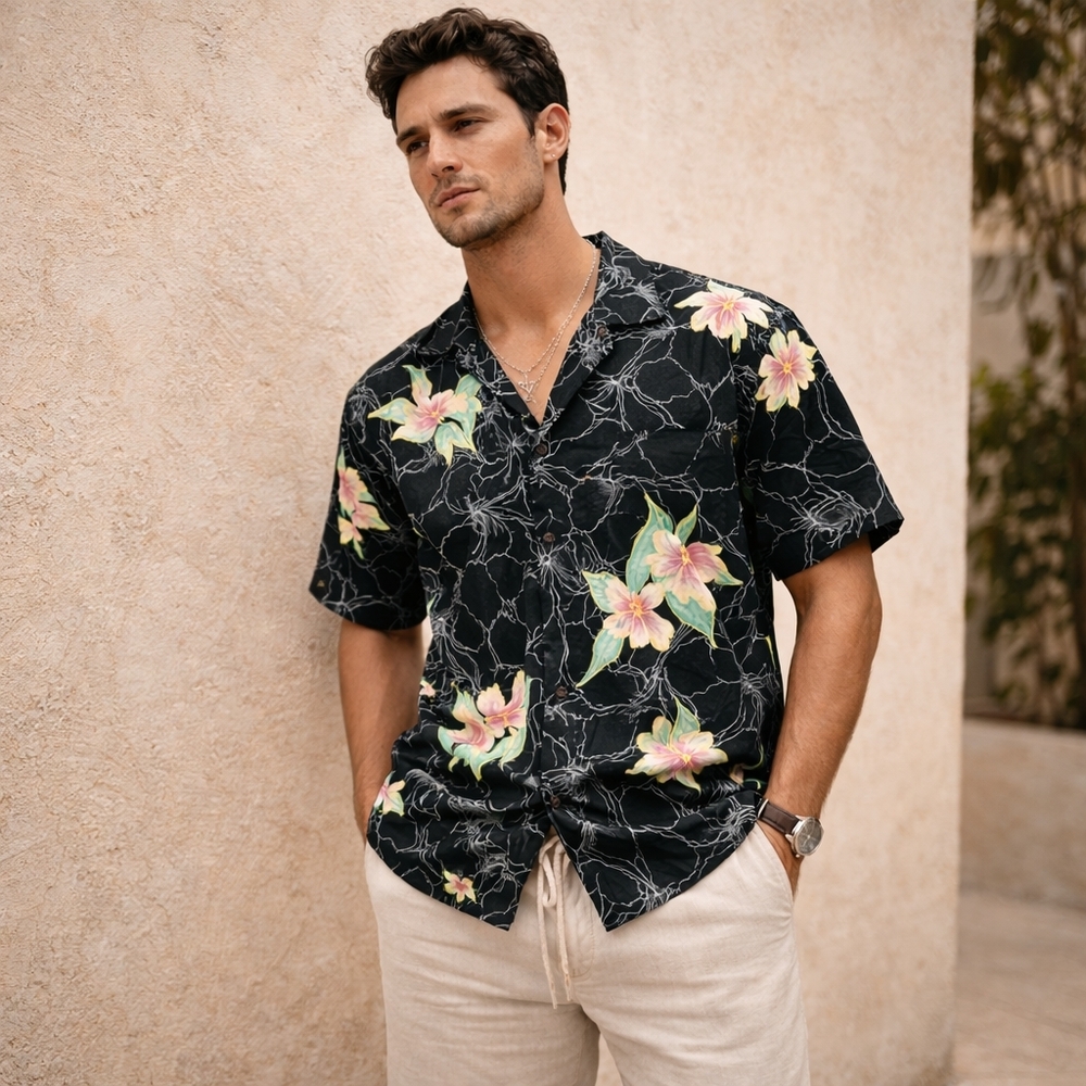 Vintage Hilo Hattie Hawaiian Shirt Black Floral 2XL XXL